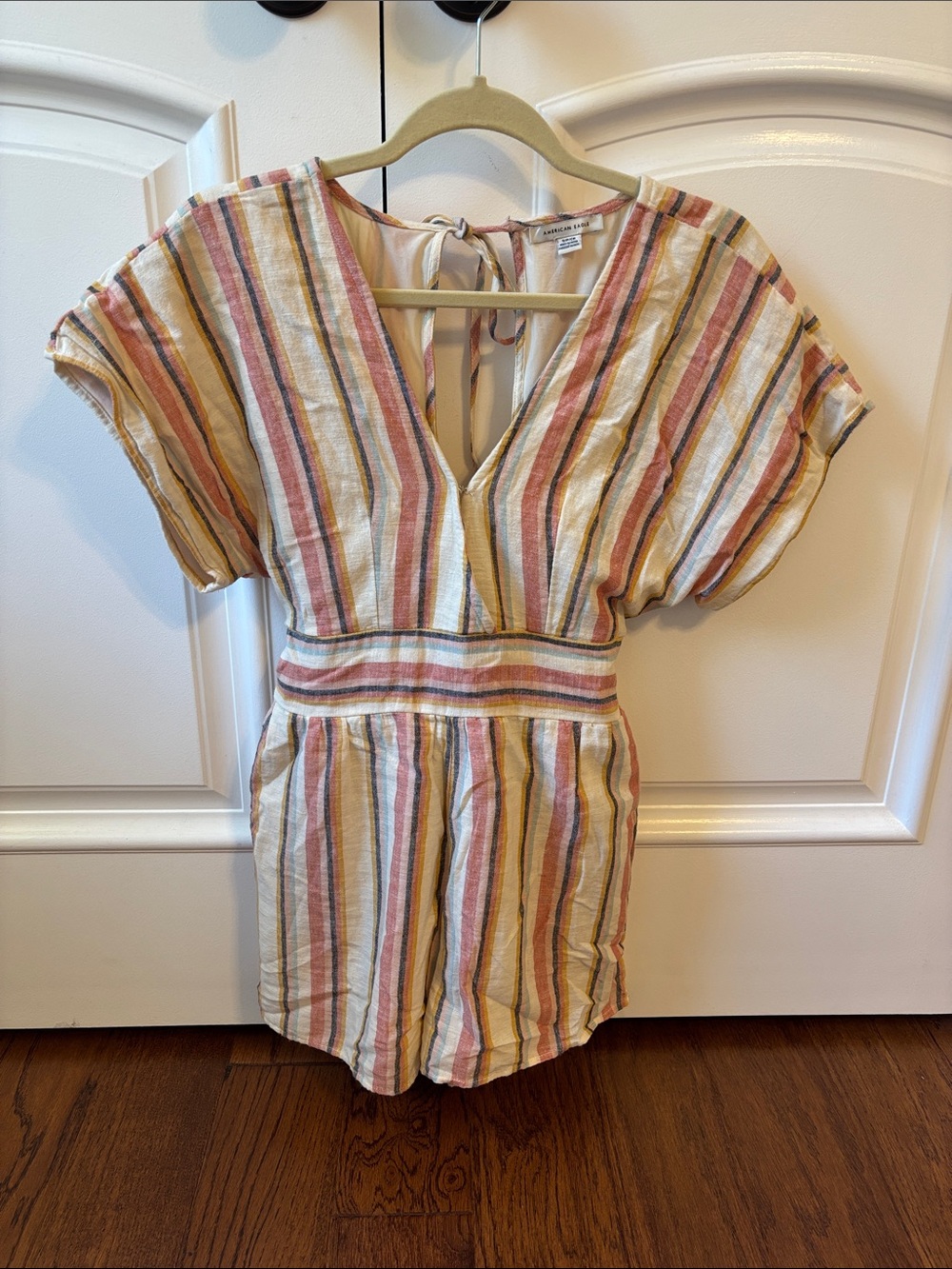 American Eagle Outfitters Striped V-Neck Romper in Cream, Pink & Tan